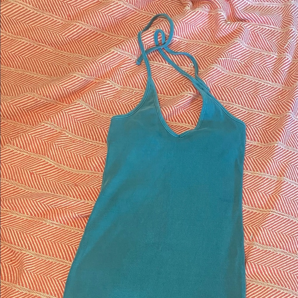 Turquoise cotton halter dress midi length